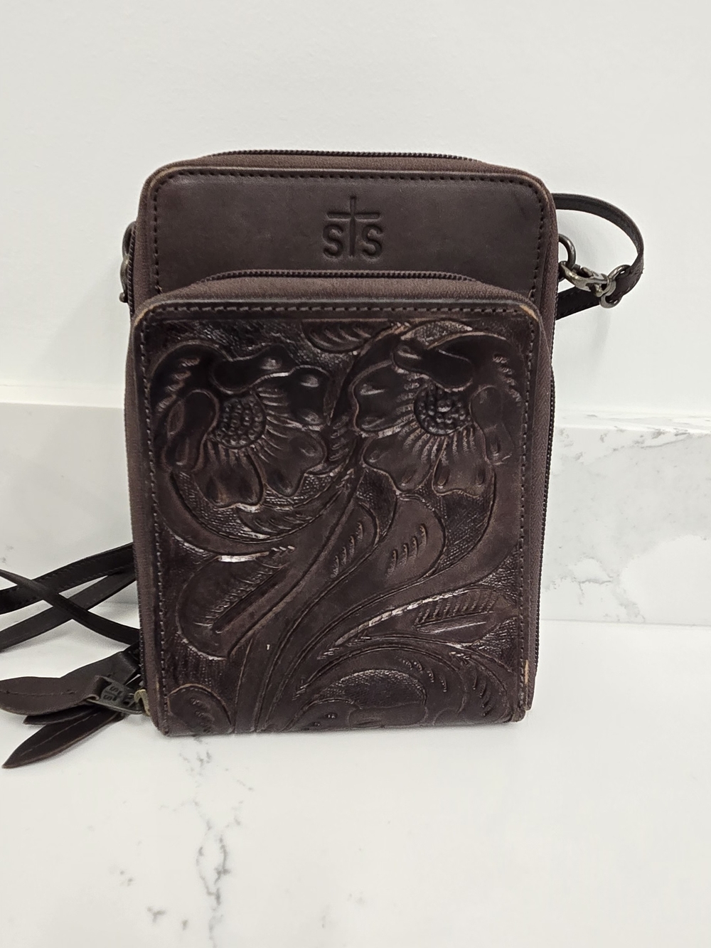 STS Ranchwear Brown Tooled Leather Crossbody Phone Bag